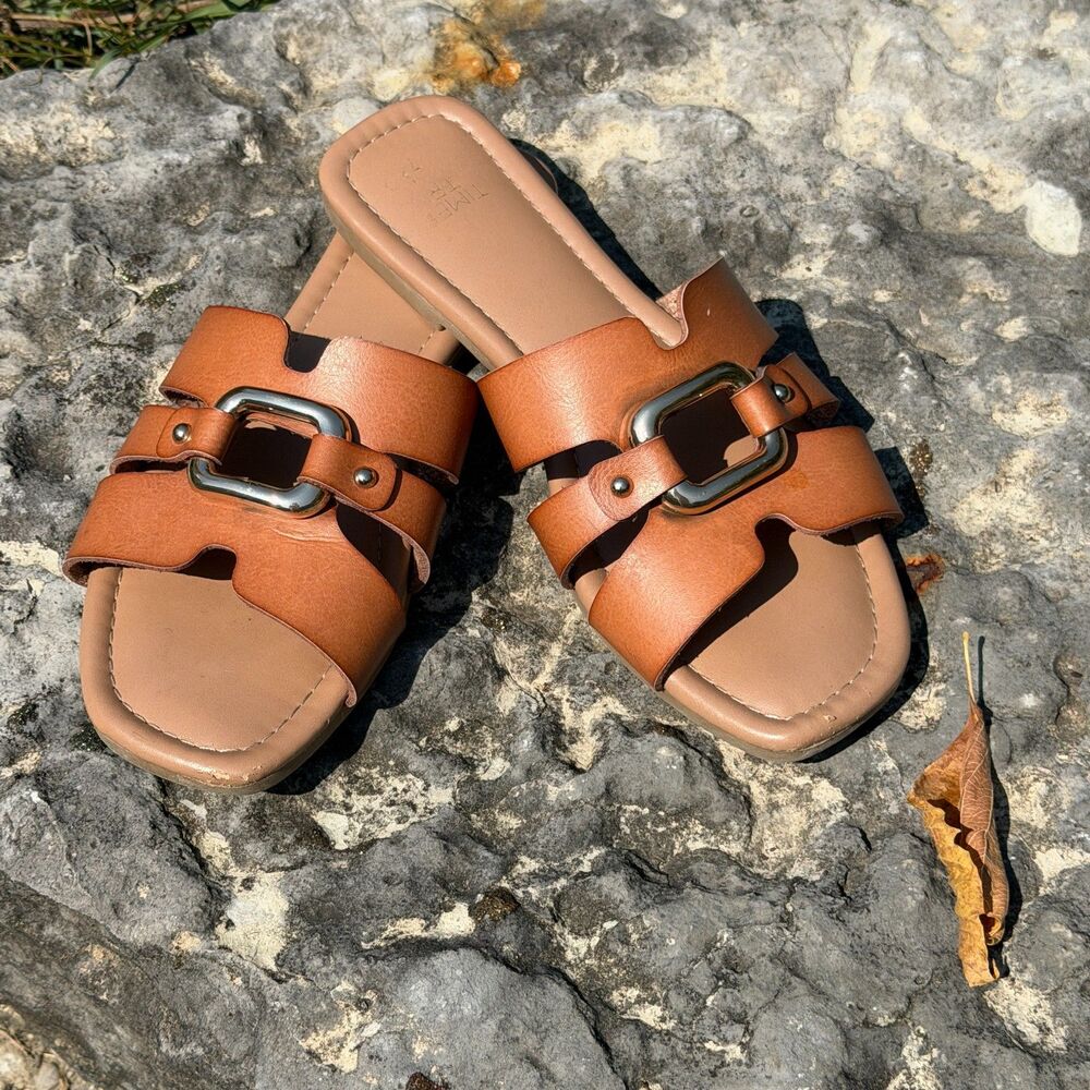 Cognac Brown Faux Leather Gold Statement Buckle H Slide Sandal 7 Time and Tru